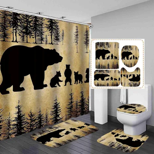 Camille&Andrew - Juego de 4 cortinas de ducha de oso rústico negro, decoración de baño de animales salvajes, alfombra de baño antideslizante, estilo
