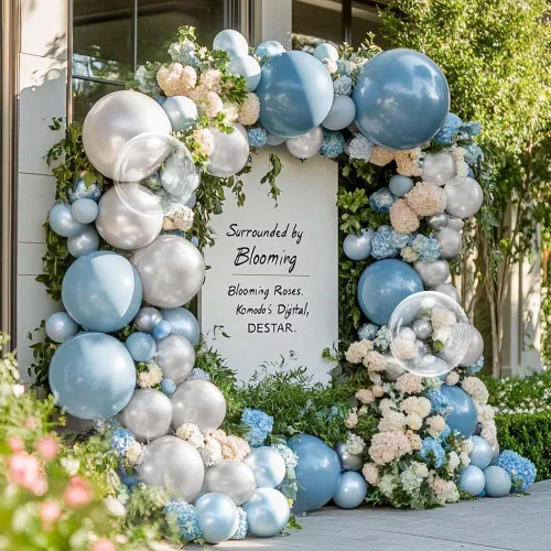 Miniatura 4 de Guirnalda de globos azul empolvado y blancos, kit de arco de globos Bobo de perlas azul claro con doble relleno para cumpleaños, baby shower, boda