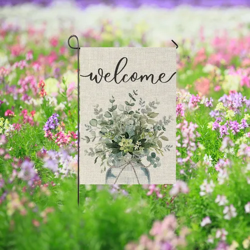 Miniatura 5 de Bandera floral de bienvenida de verano para jardín, primavera y verano, hojas de eucalipto, bandera grande de doble cara, flores de temporada