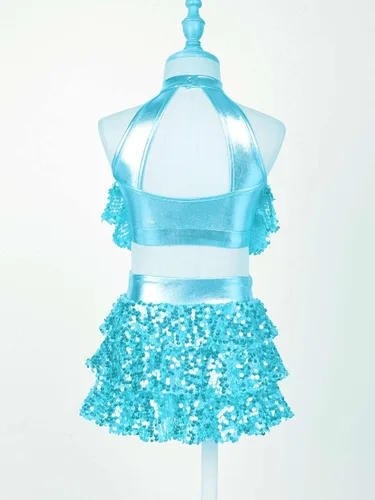 Miniatura 40 de JEATHA Top corto con borlas y lentejuelas brillantes para niñas, con minifalda, jazz latino, salsa, samba, rumba, baile