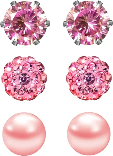 Miniatura 48 de JewelrieShop - Juego de aretes de tuerca de acero inoxidable con circonitas cúbicas y perlas de imitación, 3 pares de 0.236 in