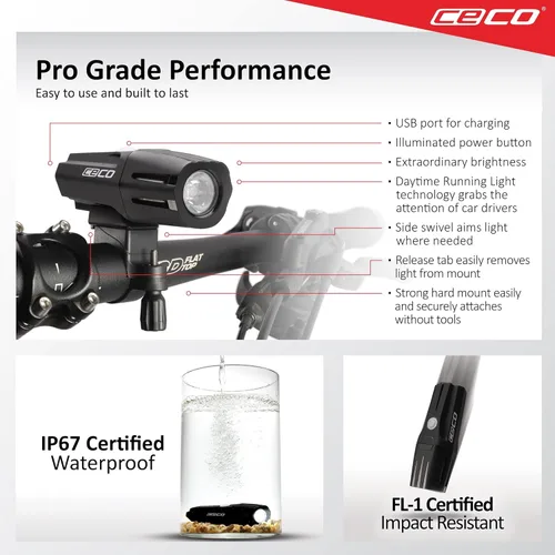 Miniatura 5 de CECO -Estados Unidos: Luz de bicicleta recargable USB de 1.200 lúmenes - Resistente y duradera IP67 impermeable y resistente a los impactos FL-1