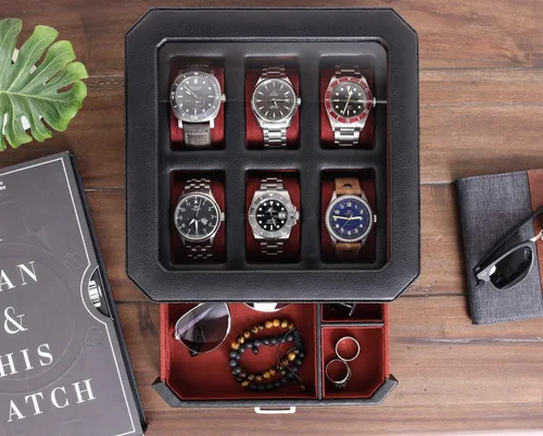 Miniatura 4 de ROTHWELL Caja de reloj de cuero con 6 ranuras y cajón de valet, organizador de exhibición de lujo para relojes, forro de microgamuza, soporte