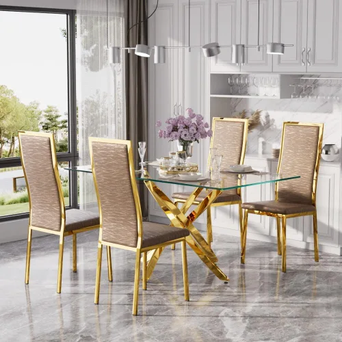Miniatura 11 de Juego de mesa de comedor de cristal dorado moderno de 63 pulgadas para 6, juego de mesa de cocina rectangular de 7 piezas con patas de acero Negro
