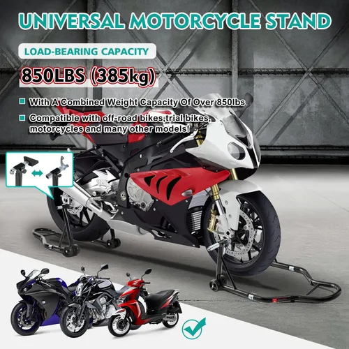 Miniatura 4 de Soporte para rueda delantera y trasera de motocicleta (850 lb), soporte de elevación de brazo oscilante, color negro, U+L