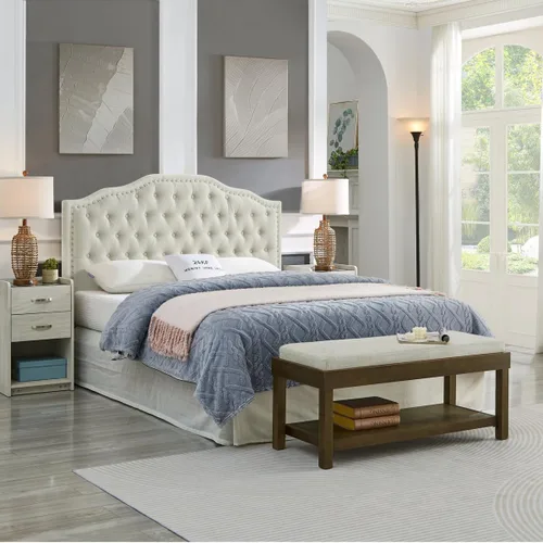 Miniatura 5 de 24KF - Cabecera tapizada con botones capitonados y adornos de cabezal de clavo, elegante cabecera completa en tela bouclé, 6031-Q-Boucle-Beige