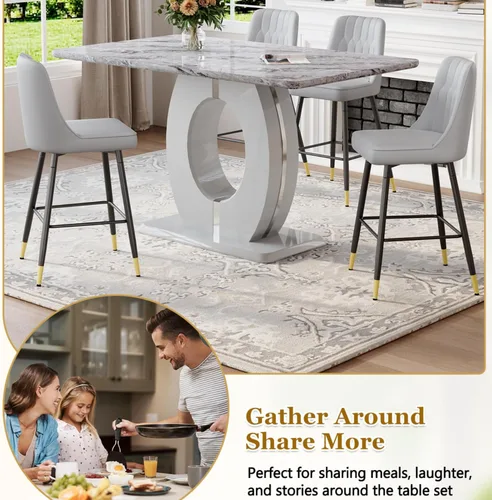 Miniatura 7 de Juego de mesa de comedor de mármol de 63 pulgadas para 6, moderno juego de mesa de comedor de altura de mostrador, mesa alta gris con taburetes