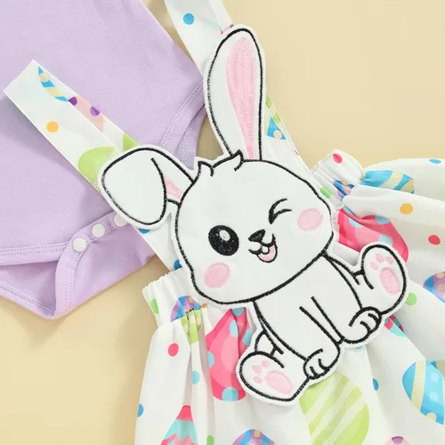 Miniatura 5 de Adobabirl Vestido de Pascua para niña recién nacida, mameluco de manga corta con conejo, huevos de Pascua, falda con tirantes, diadema