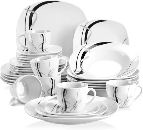 VEWEET, Serie Fiona - Juego de vajilla de 30 piezas para 6 personas, blancos con rayas negras y grises, vajilla de porcelana de platos de postre,