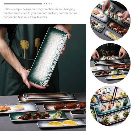 Miniatura 3 de CALLARON Plato de sushi de cerámica, 2 platos de porcelana para servir platos, bandeja rectangular de postres, bandeja de exhibición de postres