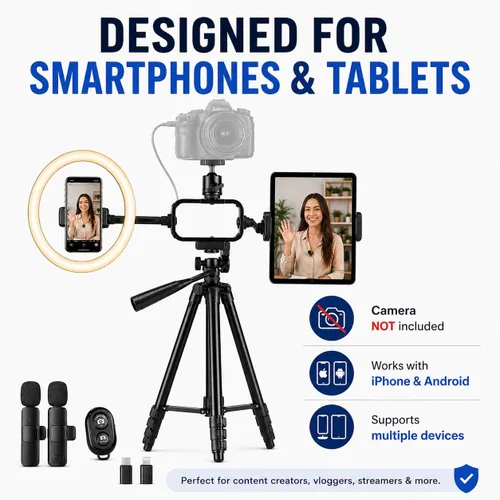 Miniatura 8 de Acuvar Kit de vlogging con trípode de luz de anillo – Kit de creación de contenido para iPhone, Android y tabletas, micrófono, control remoto