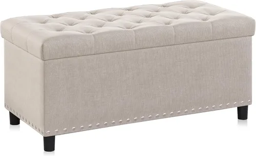 BELLEZE Otomana de almacenamiento, otomana copetuda con bisagra de cierre, reposapiés para sala de estar (beige, 31 pulgadas)
