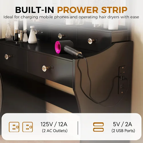 Miniatura 5 de COMHOMA Vanity Desk with LED Lights Mirror & Power Outlet, Small Makeup Vanity Table Set with 5 Storage Drawers, 3 Lighting Modes & Adjustable