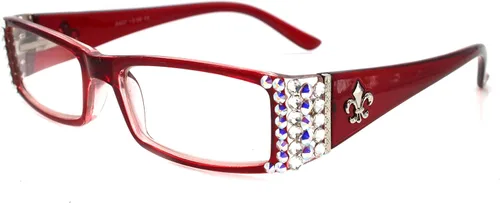 Miniatura 3 de The French, (Bling) Fleur De Lis Women Reading Glasses Adorned with (Clear + Aurora Borealis) Austrian Crystals, Magnifying (Transparent Red)