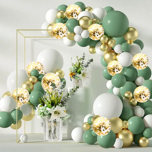 Kit de arco de guirnalda de globos de color verde salvia, blanco y dorado, 126 piezas de látex verde salvia, verde oliva, diferentes tamaños, globos