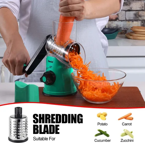 Miniatura 4 de Rallador de queso giratorio Geedel con 3 cuchillas intercambiables, rallador de mandolina de cocina para verduras, frutas, nueces, fácil de limpiar