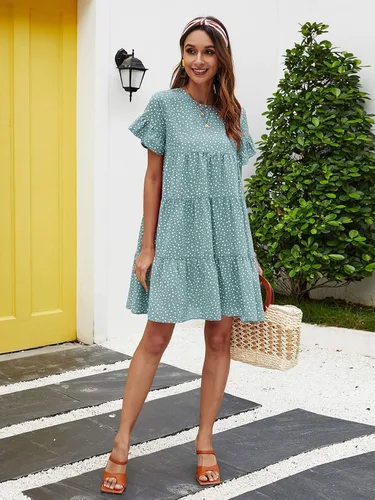Miniatura 5 de MakeMeChic Vestido smock de cintura alta de manga corta con volantes y lunares para mujer
