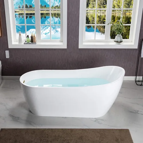Miniatura 12 de WOODBRIDGE Bañera de remojo acílica blanca independiente de 67 pulgadas con almohada blanca, drenaje y desbordamiento en oro cepillado, BTA1508