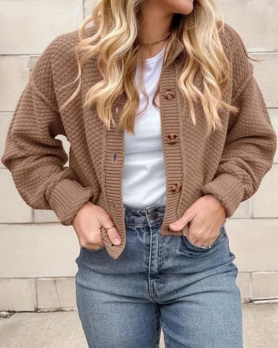 Miniatura 5 de PRETTYGARDEN Cárdigan corto con botones y frente abierto para mujer, lindo otoño, manga larga, abrigos de punto grueso 2023