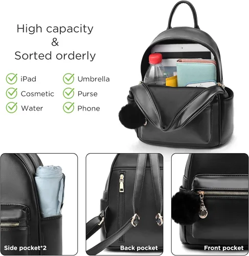 Miniatura 4 de I IHAYNER Mochila de cuero para mujer, de moda, con pompón, mochila casual de viaje