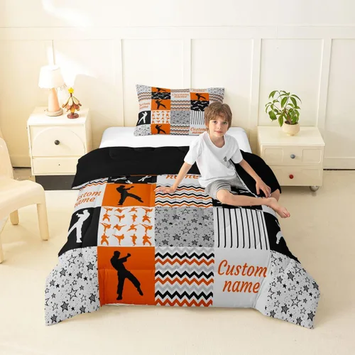 Miniatura 65 de Juego de edredón de softbol personalizado, juego de ropa de cama de retazos a cuadros para niños y niños, edredón de bate de béisbol, juego