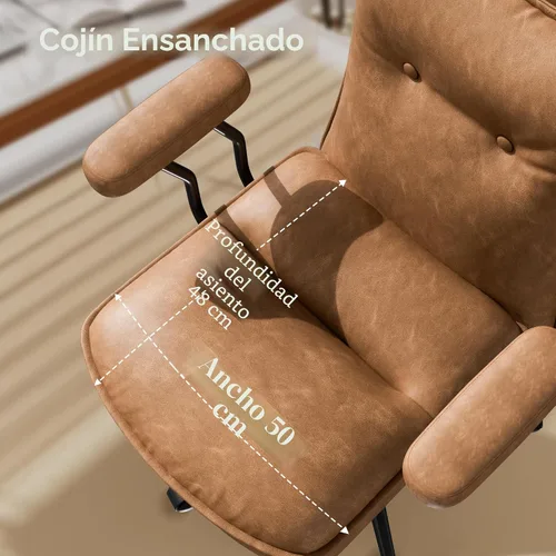 Miniatura 4 de Silla de oficina marrón con asiento ancho grueso de triple capa, silla de escritorio de cuero con respaldo medio con ruedas y brazos, silla