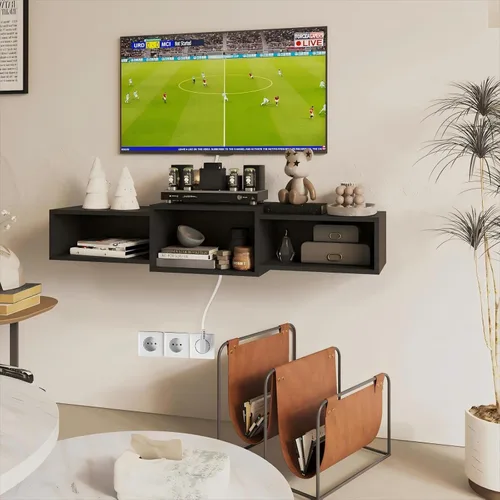 Miniatura 4 de IBUYKE Soporte flotante para TV montado en la pared con toma de corriente, moderno estante de consola de madera montado en la pared, centro