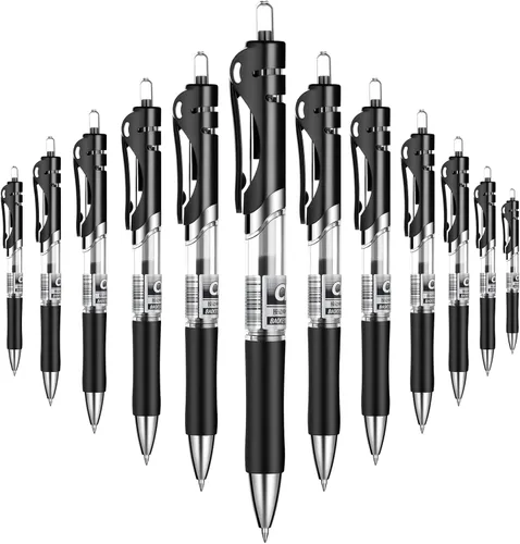 Bolígrafos de gel, bolígrafos de gel retráctiles, escritura suave, gran capacidad, adecuados para trabajar o estudiar, paquete de 12, 0.028 in Negro