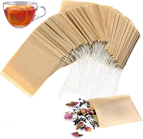 100 bolsas de té desechables marrones para té de hojas sueltas, bolsas de filtro de té sin blanquear con cordón y compostables, coladores y filtros