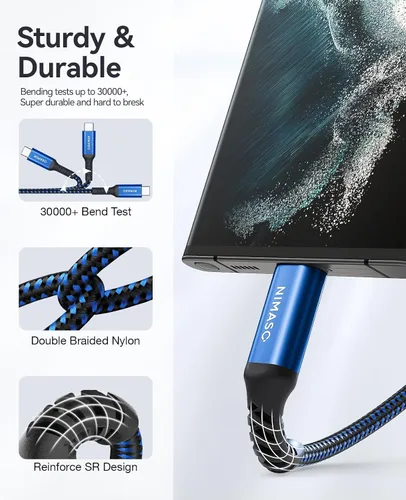 Miniatura 4 de NIMASO Paquete de 4 cables USB C a USB C de 60 W [10 pies+6.6 pies + 3.3 pies + 1 pie], cable de carga USB tipo C compatible con Samsung Galaxy Azul
