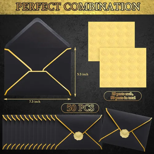 Miniatura 2 de 50 sobres A7, sobres para tarjetas de 5 x 7, sobres con solapa en V y borde dorado para tarjetas de invitación de boda, graduación, baby shower