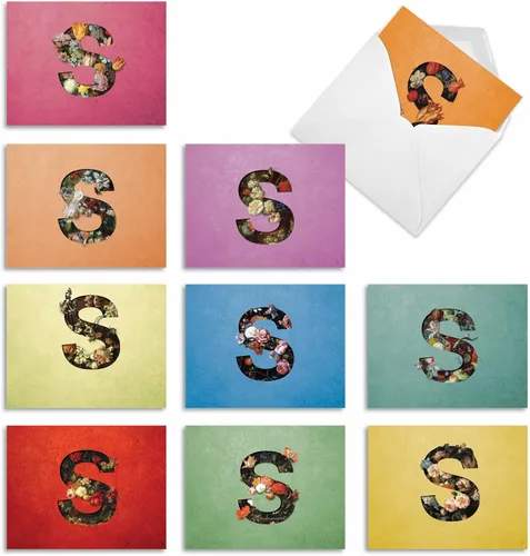The Best Card Company - 10 cartas iniciales "S" surtidas en blanco, hermosas flores, papeleras personales de 4 x 5.12 pulgadas, paquete variado a
