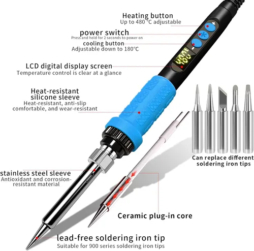 Miniatura 3 de Kit de soldador azul 909A 90W con pantalla LED y calentador de cerámica, herramienta de soldadura digital de temperatura ajustable, incluye puntas