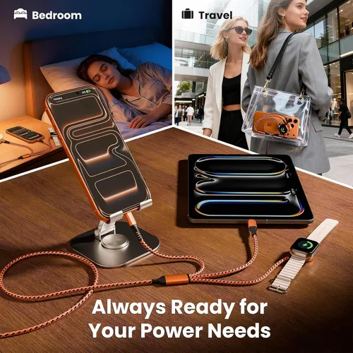 Miniatura 5 de Cargador de viaje para iWatch, cable de carga múltiple 3 en 2 con cargador IP/USB C/iWatch, cargadores de viaje para múltiples dispositivos, Naranja