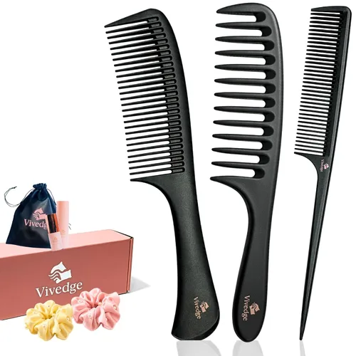 Juego de peines de fibra de carbono para cabello rizado para mujer, peine de dientes anchos, separación, dientes finos para desenredar, peinar para