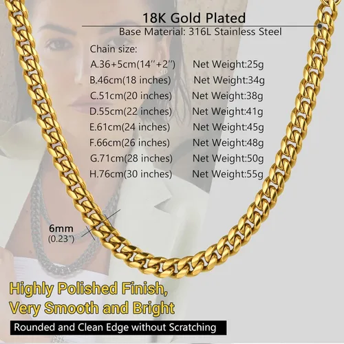 Miniatura 4 de PROSTEEL Trendy Cuban Links Necklace for Men Women, Black18K Gold Plated 316L Stainless Steel, W 4.8mm-14mm, L 14inch-30inch, Come Gift Box