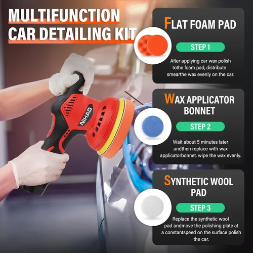Miniatura 4 de NIHAO - Pulidor de búfer inalámbrico de 5 pulgadas con 2 baterías recargables de 12 V 2000 mAh y 15 accesorios adicionales, 8 velocidades variables