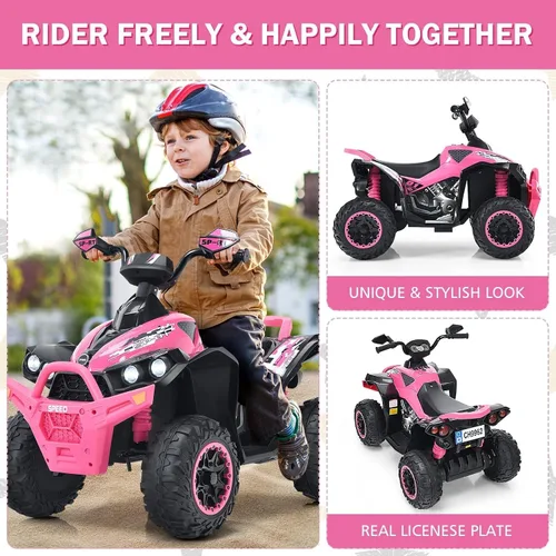 Miniatura 5 de INFANS vehículo de juguete para paseo, ATV eléctrico de 12V con 4 ruedas, vehículo con música, claxon, velocidades alta y baja, luces LED, juguete