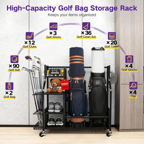 Miniatura 3 de Organizador de almacenamiento de bolsas de golf, soporte de almacenamiento para bolsas de golf y otros accesorios de equipo de golf, estante