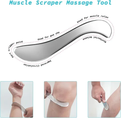 Miniatura 2 de Herramienta de raspador muscular Gua Sha de acero inoxidable 2 en 1, herramientas de raspado miofascial para terapia física, masajeador de drenaje