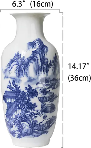 Miniatura 5 de Dahlia Jarrón azul y blanco, florero de porcelana china hecho a mano, montaña celestial, forma de rouleau de 14 pulgadas