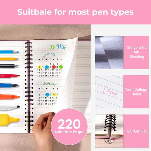 Miniatura 2 de CAGIE- Cuaderno pequeño universitario con tapa en espiral, A5 de 5 x 7 pulgadas, con pestañas separadoras extraíbles para 5 materias, 220 páginas