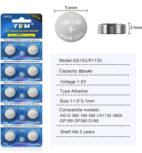 Miniatura 2 de YKM - Paquete de 20 pilas LR1130 (AG10, L1131f, L1131, L1131c, 389, 390, LR54, 1130) de 1.5V alcalinas para calculadora, reloj, celda de botón