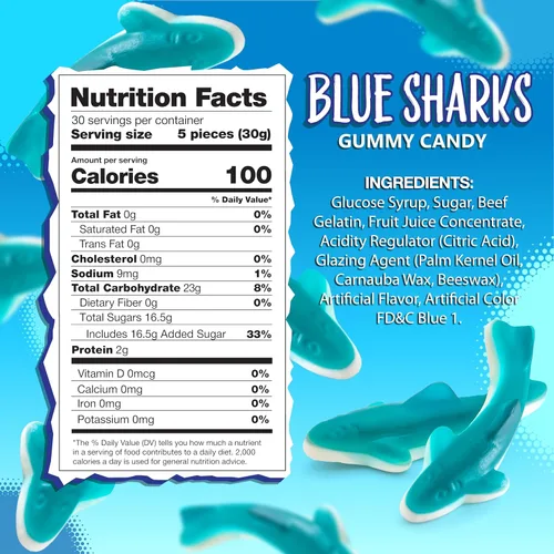 Miniatura 2 de Blue Sharks - Caramelos de gomita Bolsa de 2 libras Gomitas de pescado Sabor a frambuesa azul Caramelo de tiburón para fiestas, bufés