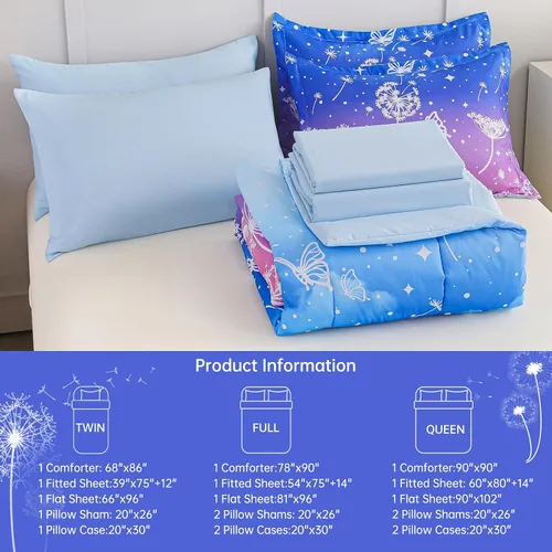 Miniatura 92 de Dinjoy Juego de edredón para niñas, tamaño individual, colorido, azul, rosa, morado, arcoíris, juego de ropa de cama de 6 piezas en una bolsa