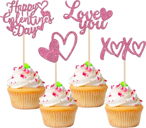 Miniatura 26 de Paquete de 24 adornos para cupcakes con purpurina en forma de corazón con temática de amor dulce, decoración de pasteles para el día de San