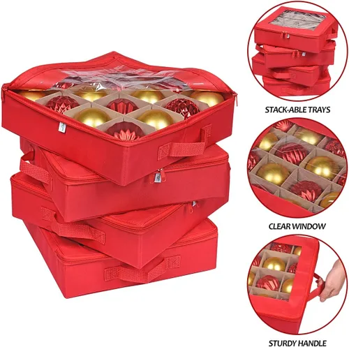 Miniatura 4 de ProPik 4 Piezas Cajas de Almacenamiento de Adornos Navideños con Divisores 4 Bandejas Individuales con Capacidad para 64 Bolas de Decoración Rojo