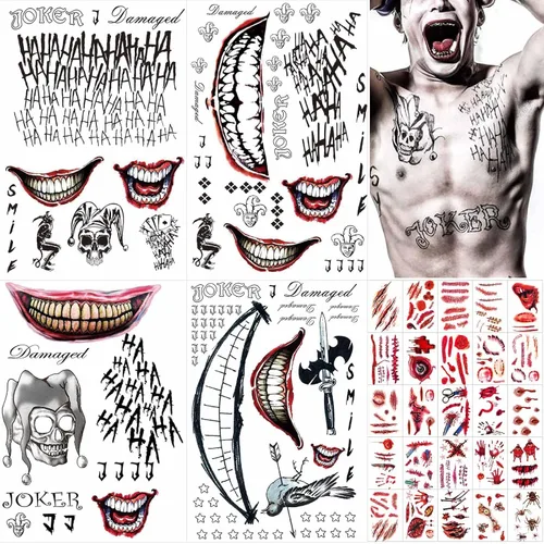 Miniatura 8 de Zeecdatoo 34 hojas de tatuajes de Joker, tatuajes temporales de Halloween para disfraces de cosplay de Halloween y accesorios de fiesta, tatuajes