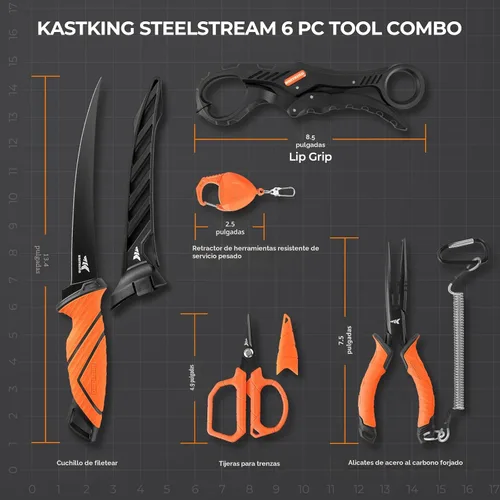 Miniatura 7 de KastKing SteelStream - Juego de herramientas de pesca de 6 piezas, alicates de pesca resistentes a la corrosión con cordón, cuchillo de filete
