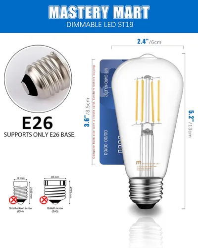 Miniatura 2 de MASTERY MART Paquete de 16 bombillas Edison vintage, bombilla LED E26 de 5.5 W equivalente a 60 W, regulable, blanco frío de 4000 K, ST19 antiguo